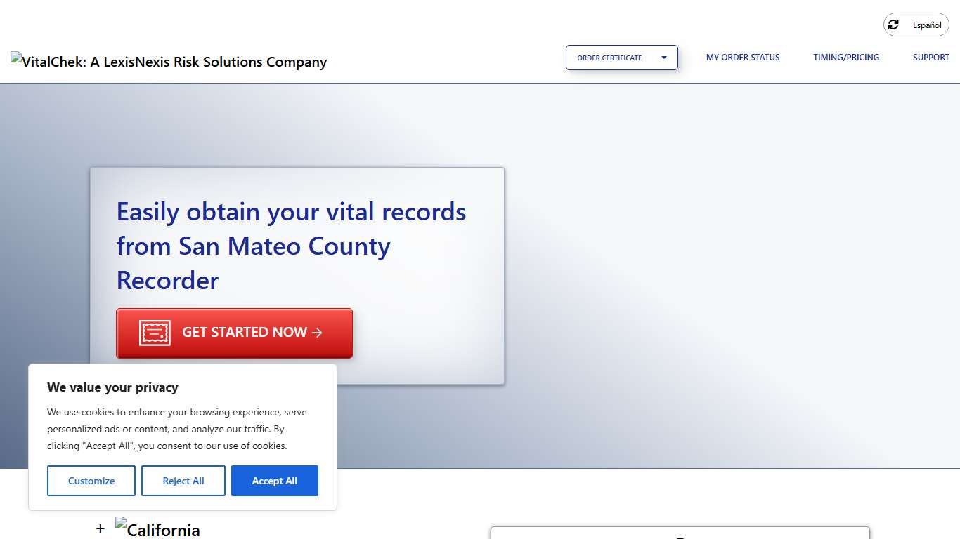 San Mateo County Recorder (CA) Order Certificates - VitalChek